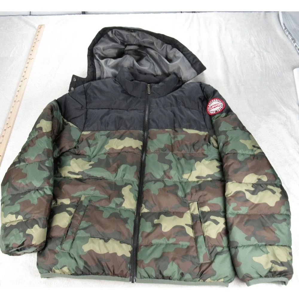 Levis Jacket Youth XL 13-15 Yrs Black Camo Hooded Insulated Zip Puffer Hood Flaw
